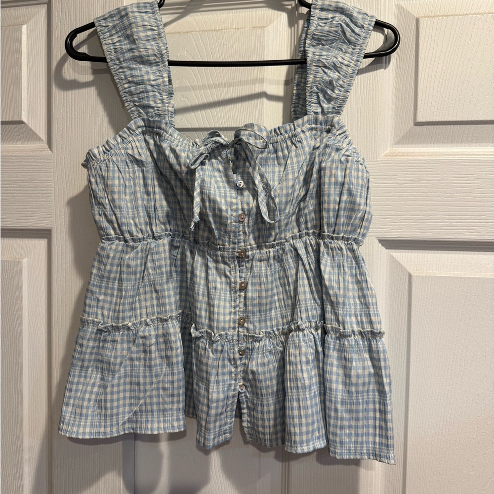 Light Blue Gingham Tiered Sleeveless Button Front Top